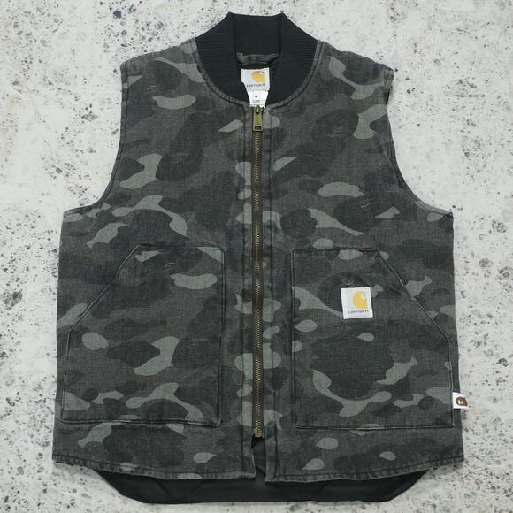 RARE Vintage Carhartt x Bape Faded Black Camo Arctic Vest - Picture 1 of 16